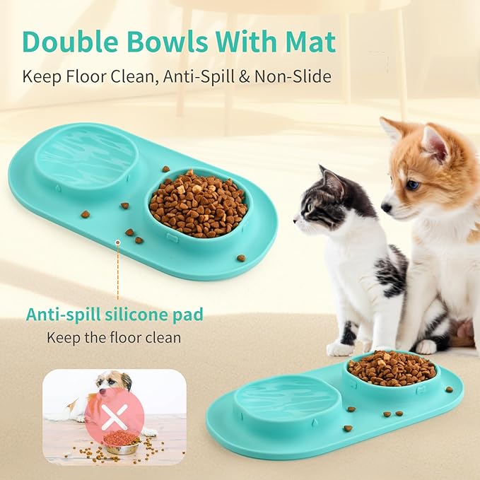 Small Size Puppy Dog Bowls: Food and Water Bowls Set for Small Dogs, No-Spill Non-Skid Dog Dish, Blue