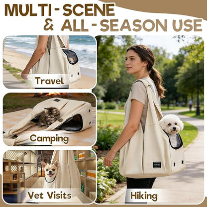 Dog Purse Carrier, Small Dog Cat Puppy Outdoor Portable Bag, Foldable Breathable 3‑Speed Zipper Access Pet Travel Bag with Large-Capacity Pockets, 15 lbs Capacity,Beige