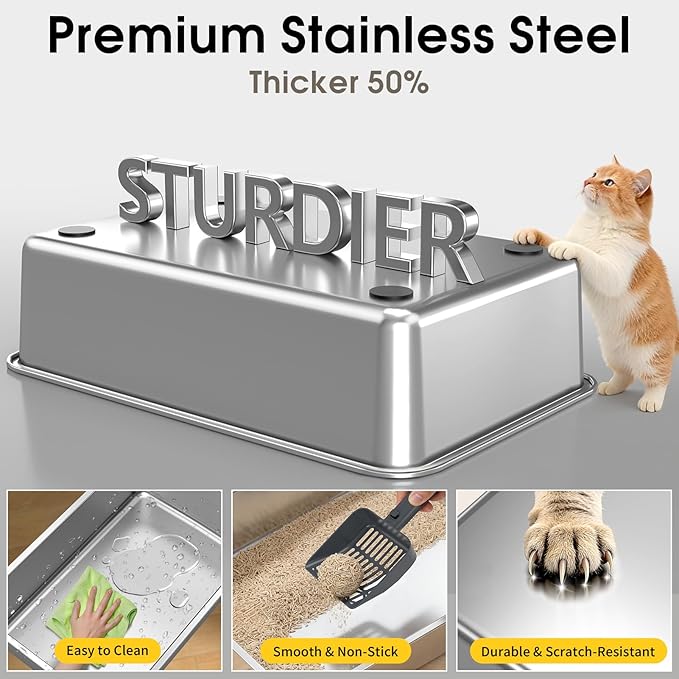 Large Stainless Steel Cat Litter Box with Lid - Odor-Resistant & Enclosed Design, Anti-Leakage & Non-Sticky Surface for Easy Cleaning (Gray)