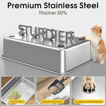 Large Stainless Steel Cat Litter Box with Lid - Odor-Resistant & Enclosed Design, Anti-Leakage & Non-Sticky Surface for Easy Cleaning (Gray)