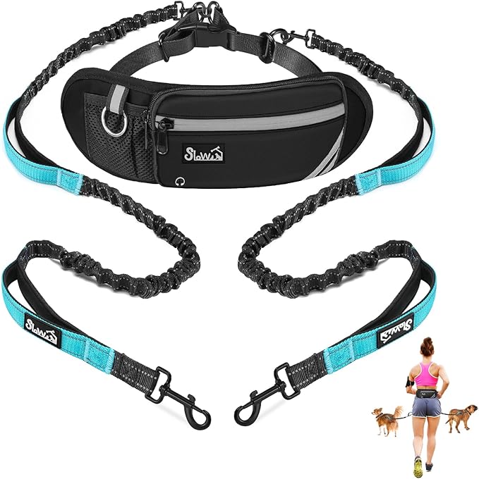 Hands Free Dog Leash for 2 Dogs, Adjustable Waist Belt with Zipper Pouch, Dual Handle Retractable Elastic Bungee with Reflective Stitches for Medium and Large Dogs Training Running