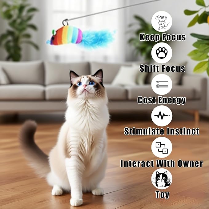 Interactive Cat Wand Toys, 7PCS Fishing Pole Cats Feathers Toy Replacements,Enhanced Suction Cup Cats Wand Toy, 2Types Door Hanging Cat String Toys for Indoor Kittens