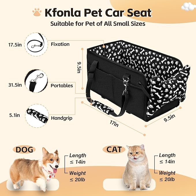 Center Console Dog Car Seat, Portable Pet Cat Puppy Booster Armrest Carseat, Anti-Collapse Pet Car Seat with Safety Leash, Adjustable Straps, Storage Pockets, Support Pet Up to 15lbs (Black)