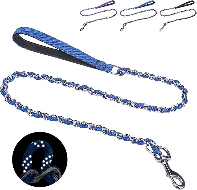 HOMIMP Heavy Duty Chew Proof Leash 4 FT, Reflective for Medium Large Dogs, Metal Training With Soft Padded Handle, Strong Rope for Night Walking, Blue
