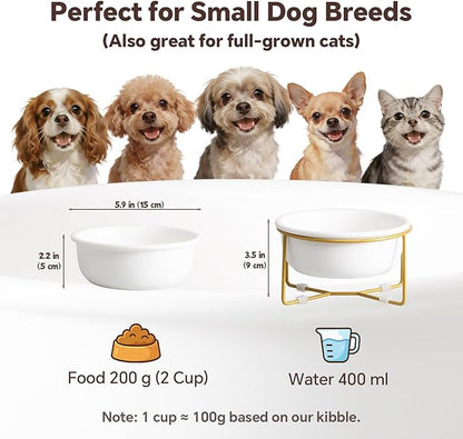 Elevated Ceramic Dog Bowl with Metal Stand - Raised Feeding Dish for Small Dogs and Cats - Ideal for Food or Water - Each Holds 400ml / 2 Cups (Approx. 200g) - White