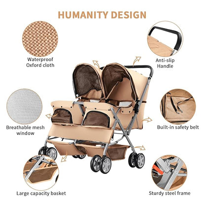 Double Pet Stroller, Foldable Stroller for 2 Dogs & Cats, Two-Seater Carrier Twin Dog Walk Jogger Travel Pet Carriage Cart with Storage, Beige