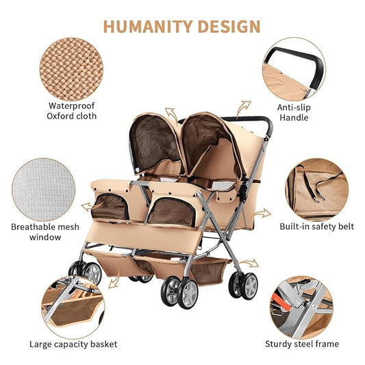 Double Pet Stroller, Foldable Stroller for 2 Dogs & Cats, Two-Seater Carrier Twin Dog Walk Jogger Travel Pet Carriage Cart with Storage, Beige