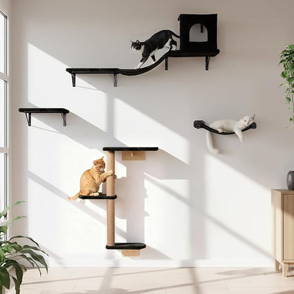 Wall Mounted Cat Furniture Set of 4 – 4 in 1 Cat Wall Shelves with Hammock, Bridge, Climbing Tree & Perch – Shelves for Large Cats, Holds Up to 30 lbs, Indoor Playground