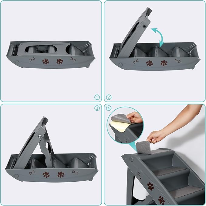 Pet Stairs for Small Dogs and Cats 4-Step Portable Folding Dog Steps Anti-Slip Ladders for High Bed Couch Sofa Climbing, Gray