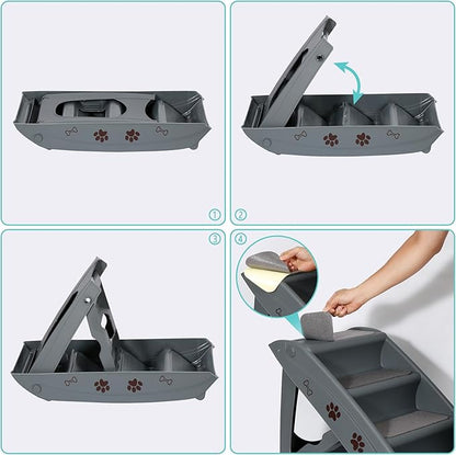 Pet Stairs for Small Dogs and Cats 4-Step Portable Folding Dog Steps Anti-Slip Ladders for High Bed Couch Sofa Climbing, Gray