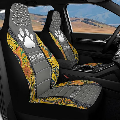 Cat Mom Paw Car Seat Covers 2 Pcs Waterproof Universal Front Seat Protective Cover Boho Flower Easy to Install Automobile Interior Decorate Accessories Fit for Car SUV Trucks