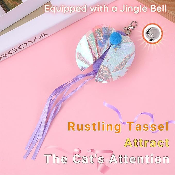 Cat Toy Refill, 4 Pack Butterfly Toy with Tassel and Bell for Cat Wand Toy Accessories Cat Toy Attachment Replacements, 5.51” Realistic Size Butterfly Toy for Bored Indoor Adult Cat Play