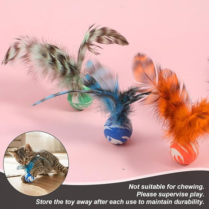 Cat Bouncy Ball with Feathers - 5 Pack Interactive Cat Feather Toys for Indoor Cats, Rubber Kitten Fetch Chase Toy for Interactive Exercise & Hunting Play