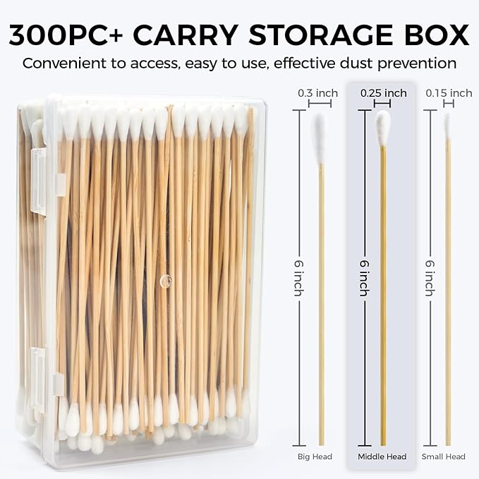 300PCS Long Cotton Swabs with Storage Box, 6 Inch Dog Ear Swabs - for Small and Medium Pet Ear Cleaning - Soft Cotton Tips, Gentle and Lint-Free, Specially Designed for Dogs (Medium)