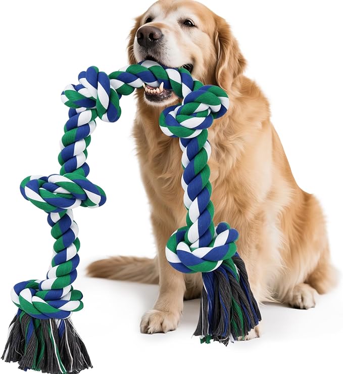SZEE Dog Rope Toy for Large Dogs, 37 Inch 5 Knots, Tug of War Rope for Large Breeds, for Energy Release & Boredom Relief (Green & Blue)