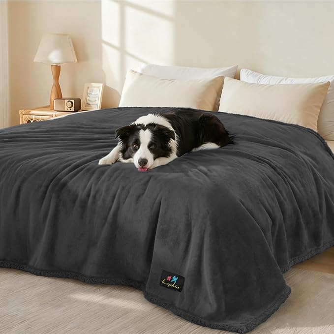 Luciphia Waterproof Pet Blankets, Liquid Pee Proof Dog Blanket for Sofa Bed Couch, Reversible Sherpa Fleece Furniture Protector Cover for Small Medium Large Dogs Cats, Black King Size（100" x 85"）