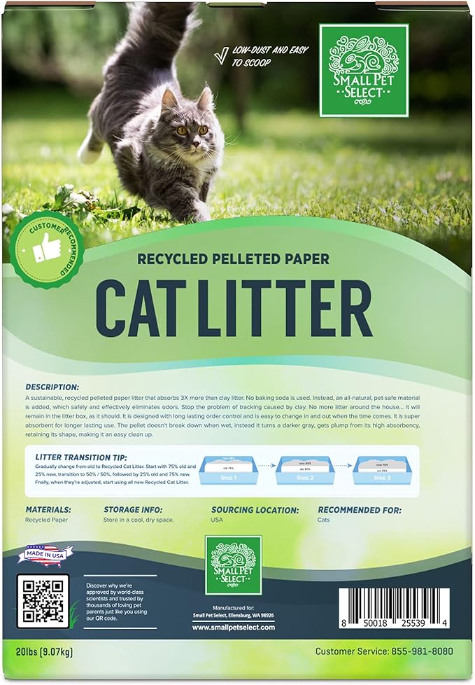 Small Pet Select Recycled Pelleted Paper Cat Litter, Kitty Litter, Non Clumping Pellets for Cats, for Use with Litter Box, Non Tracking, Low Dust, Made in USA, 20lb