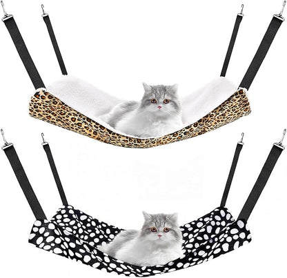 Jetec 2 Pieces Reversible Cat Hanging Hammock Soft Breathable Pet Cage Hammock with Adjustable Straps and Metal Hooks Double Sided Hanging Bed for Small Dogs Rabbits(Leopard and Dot,M)