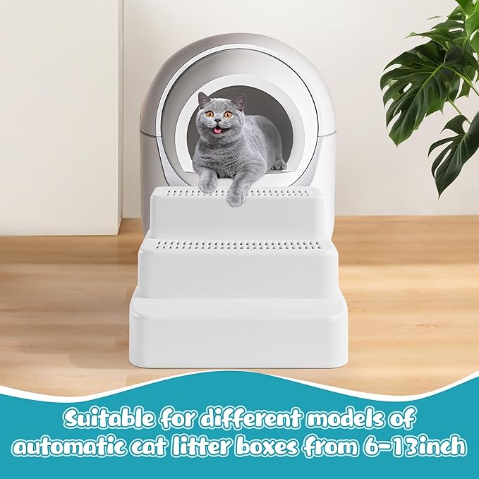 BALAPET Adjustable 3 Steps Litter Box Ramp with Filter Function, Detachable Litter Trapper, Easy Clean Cat Litter Stair for Small & Elderly Cats(White)