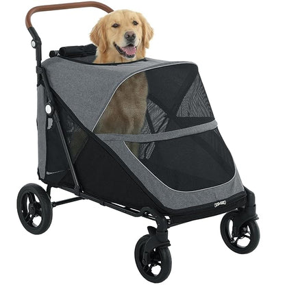 PawHut Dog Stroller for Large Dogs, One-Click Folding 4 Wheel Large Pet Stroller Wagon for Multiple Pets, All Terrain Spring Suspension w/ 8-Position Adjustable Handle, Mesh Window, Up to 66 LBS, Gray