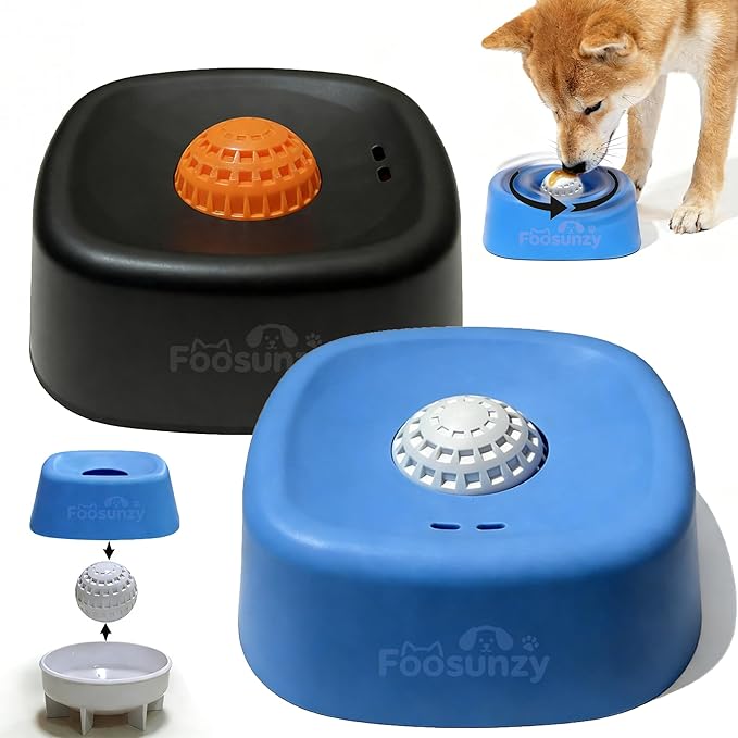 Slow Feeder Dog Bowls for Liquid with Rolling Ball, Interactive Lick Bowl Anti-Slip Slow Feeder for Wet Food, Water & Treats Lick Toy for Dogs Cats Large Medium Small (Style1-Black+Blue)