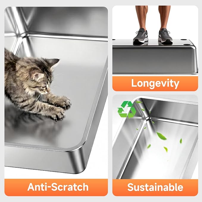 Stainless Steel Litter Box with High Sides, XL High Sided Cat Litter Pan, Open Top Extra Large Metal Cat Litter Box, Non-Stick, Odor Free, Leakproof, Scoop Included, Gray
