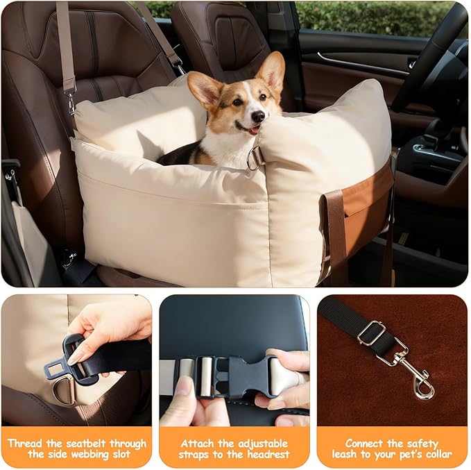 Dog Car Seats for Small Dogs, Waterproof Puppy Car Seat with Side Handles and Large Pockets, Clip-On Safety Leash and PP Cotton Filling, Pet Booster Seat for Small Dog up to 25lbs (Apricot)