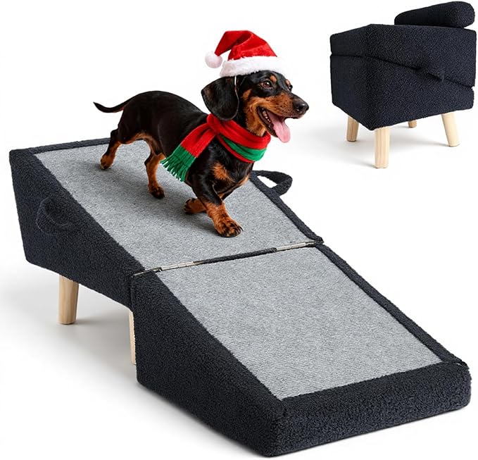 Dog Stairs for Small Dogs and Cats – 2-in-1 Dog Ramp for Couch and Low Bed, 16.5'' Foldable Wooden Pet Ramp, Sturdy Multi-Use Split Ottoman Design, Dark Blue