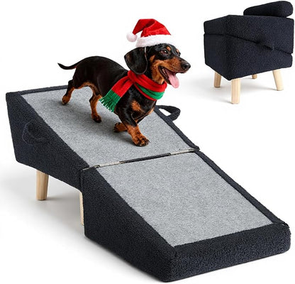 Dog Stairs for Small Dogs and Cats – 2-in-1 Dog Ramp for Couch and Low Bed, 16.5'' Foldable Wooden Pet Ramp, Sturdy Multi-Use Split Ottoman Design, Dark Blue