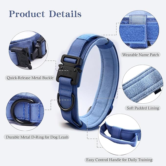 Xqpetlihai Tactical Dog Collar Adjustable Military Nylon Dog Collar with Control Handle and Heavy Duty Metal Buckle for Medium and Large Dogs (Dark Blue,L)
