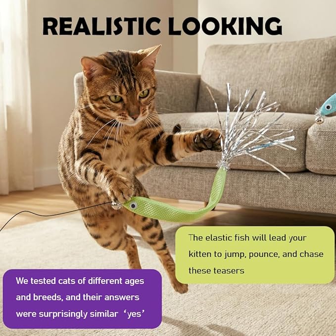 Cat Wand Attachment Toys - 2 Pcs Handmade Natural Fish Refills - Interactive Cat Toy Wand Refills - Kitten Teaser Wand Attachments - Cat Toys for Indoor Cats Play