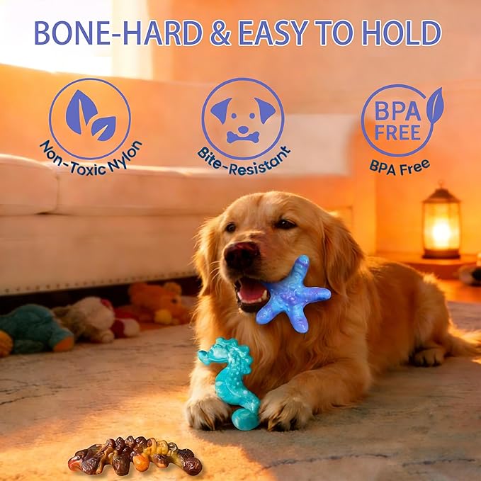 Dog Toys for Aggressive Chewers,3 Pack Indestructible Bone Toy, Ocean Series,Bacon Flavored,Durable Nylon Chew Toys for Medium & Large Breeds, Teeth Cleaning, Keep Them Busy