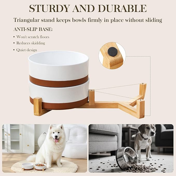 MALACASA Dog Bowls Set with Wooden Stand, 6 Cups Food Water Bowl Set for Medium to Large Size Dogs, Ceramic Pet Bowls with Weighted Non-Slip Base, Basic Bowls for Your Dog,58Oz