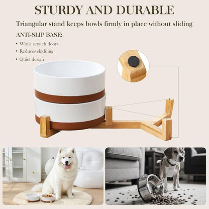 MALACASA Dog Bowls Set with Wooden Stand, 6 Cups Food Water Bowl Set for Medium to Large Size Dogs, Ceramic Pet Bowls with Weighted Non-Slip Base, Basic Bowls for Your Dog,58Oz