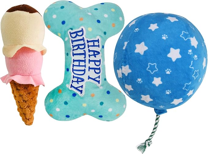 Prime Pets Dog Birthday Toys, 3 Pack, Crinkle Squeaky Dog Toys, Pet Toys for Small Medium Large Dogs, Stuffed Puppy Chew Toys, Dog Gift Toys
