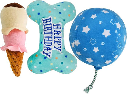 Prime Pets Dog Birthday Toys, 3 Pack, Crinkle Squeaky Dog Toys, Pet Toys for Small Medium Large Dogs, Stuffed Puppy Chew Toys, Dog Gift Toys
