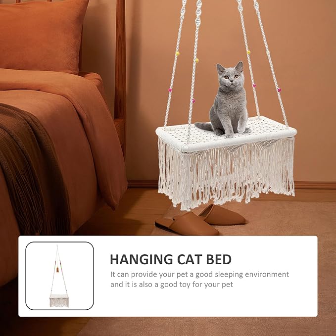 Decorative Cat Hanging Bed Macrame Kitten Hammock Cotton Rope Tassel Swing for Indoor Pet Cats and Kittens