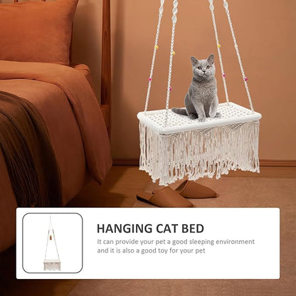 Decorative Cat Hanging Bed Macrame Kitten Hammock Cotton Rope Tassel Swing for Indoor Pet Cats and Kittens