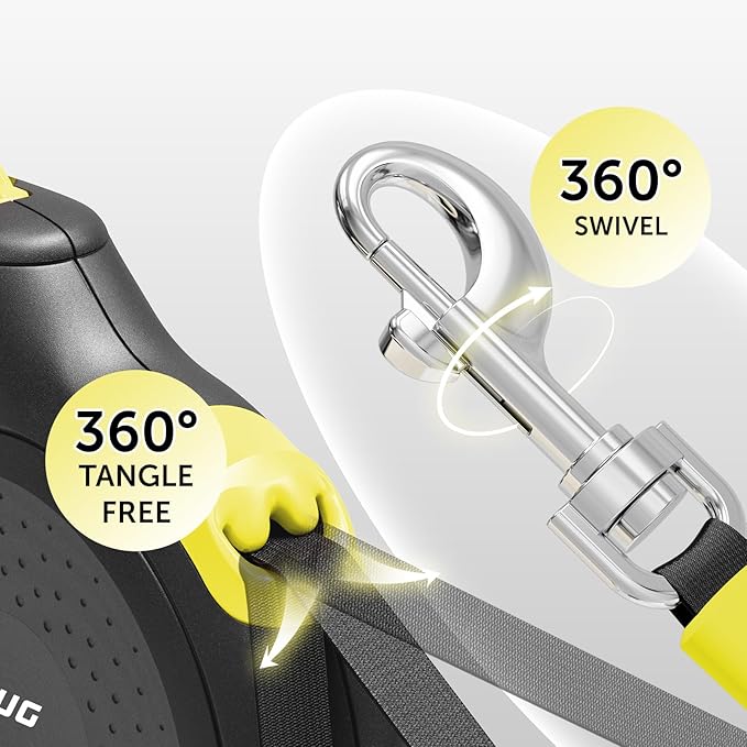 TUG 360° Tangle-Free Retractable Dog Leash | 16 ft Strong Nylon Tape (Large, Black/Yellow)