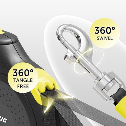 TUG 360° Tangle-Free Retractable Dog Leash | 16 ft Strong Nylon Tape (Large, Black/Yellow)