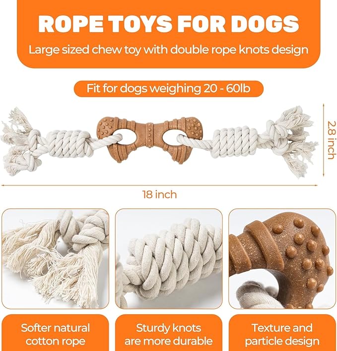 Dog Rope Toy for Aggressive Chewers, Tug and Teething Toy with Natural Cotton Rope and Wood-Plastic Bone, Durable Chew Toy for Medium to Large Dogs 20-60lb