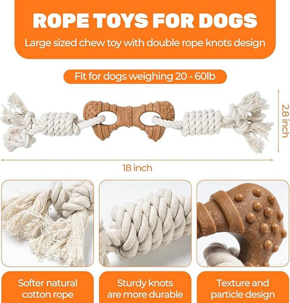 Dog Rope Toy for Aggressive Chewers, Tug and Teething Toy with Natural Cotton Rope and Wood-Plastic Bone, Durable Chew Toy for Medium to Large Dogs 20-60lb