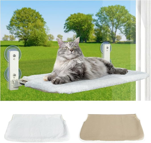 20inches Foldable Cat Window Perch for Indoor Cats, Cordless Cat Hammock Window Seat with 4 Suction Cups, Sturdy Steel Frame Window Hammock for Inside (Pad Bed - White)