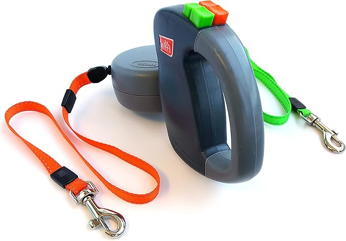 WIGZI - 2025 Enhanced Edition - Dual (2) Dog Retractable Leash, Auto-Untangles, Supports Up To 50lb Dogs, 10ft Distance Each Dog, Color-Coded Control, Reflective Leads, Waterproof, Gray Color