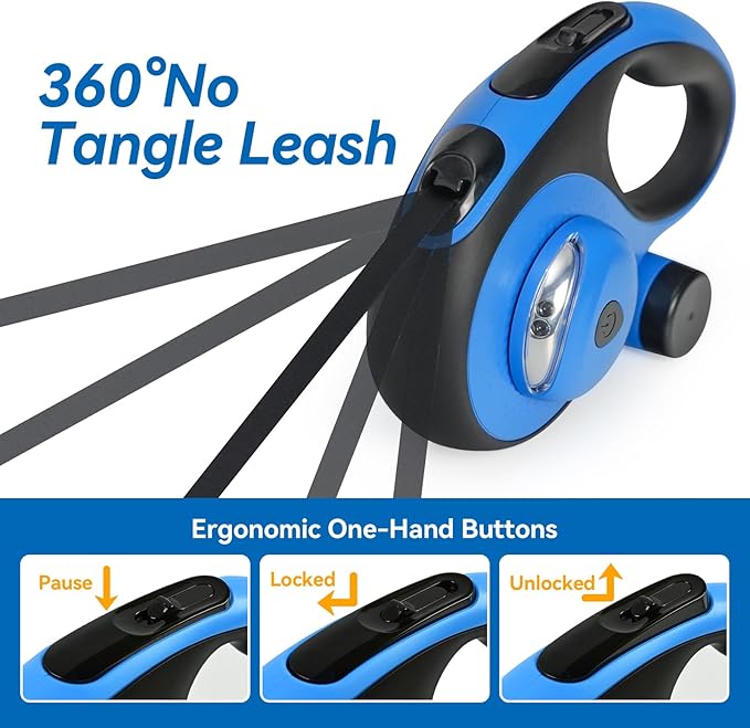 Heavy Duty Retractable Dog Leash for Large Dogs, 26ft Dog Leash with Poop Bag Holder, Up to 110lbs, chew Proof Cable, LED Light, 360° No-Tangle, One-Handed Pause & Locked. (Blue, L 26ft)