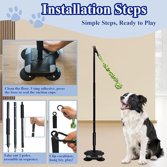 Indoor Suction Cup Dog Toy with 3 Ropes - Adjustable Height Tug Toy for Small to Large Dogs, Interactive Boredom Relief for Solo Play on Tile Floors