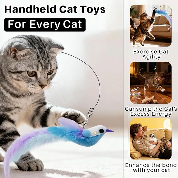 Interactive Cat Toys with Realistic Blue Bird – Natural Feathers, Engaging Toy for Active Cats & Kittens, Perfect for Indoor Play, Strengthens Bonding with Owners, Safe & Durable Feather Cat Toy