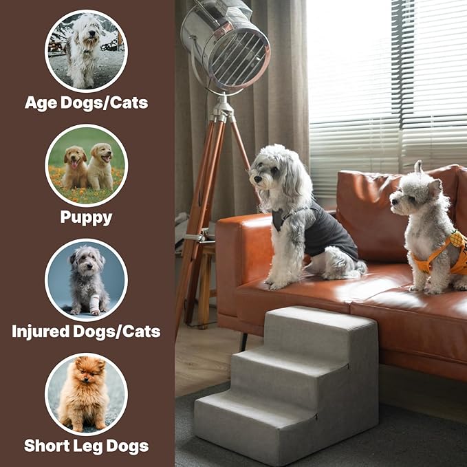 MEWANG Dog Stairs for Small & Medium Dogs and Old Cats –3/4/ 5 Steps High-Density Foam Pet Ramp for Bed & Couch, Non-Slip, Washable Cover, Grey (Square Corner, 3 Steps: 17.95''×14.96''×13.70'')
