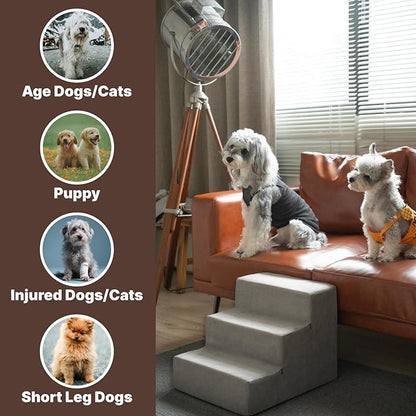 MEWANG Dog Stairs for Small & Medium Dogs and Old Cats –3/4/ 5 Steps High-Density Foam Pet Ramp for Bed & Couch, Non-Slip, Washable Cover, Grey (Square Corner, 3 Steps: 17.95''×14.96''×13.70'')