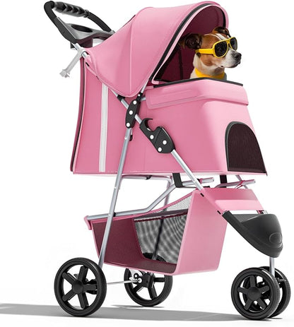 Magshion 3-Wheel Pet Stroller, Foldable Travel Jogger for Small & Medium Dogs & Cats (Up to 33lbs), Lightweight Carrier with Breathable Mesh Cover, Cup Holder & Storage Basket, Pink